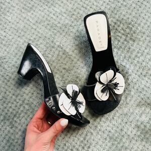 vintage retro Y2K black/white floral wood chunky kitten heel sandals parade 7.5